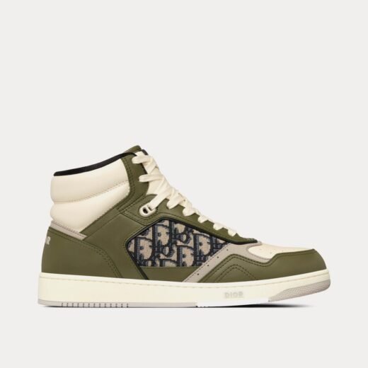Dior Baskets montantes B27 en cuir de veau lisse olive et crème avec jacquard Dior Oblique beige et noir