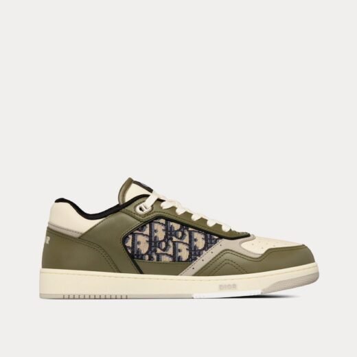 Dior Baskets basses B27 en cuir de veau lisse olive et crème avec jacquard Dior Oblique beige et noir