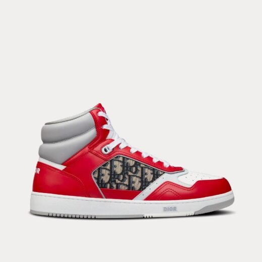 Dior Baskets montantes B27 en cuir de veau lisse rouge, gris et blanc avec jacquard Dior Oblique beige et noir