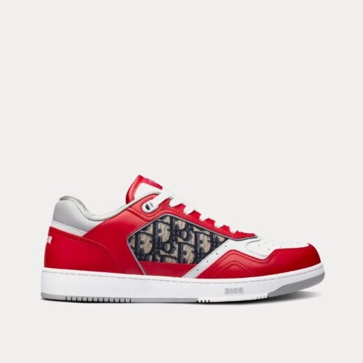 Dior Baskets basses B27 en cuir de veau lisse rouge, gris et blanc avec jacquard Dior Oblique beige et noir