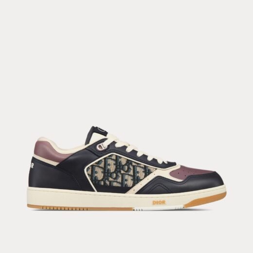 Dior Baskets basses B27 en cuir de veau lisse bleu foncé et prune avec jacquard Dior Oblique beige et noir