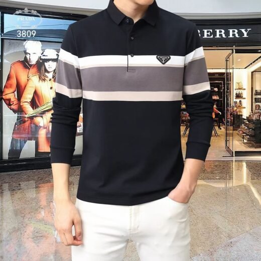 Prada Polo à manches longues et revers pour homme, t-shirt slim coréen