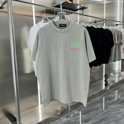 Balenciaga T-SHIRT GRIS OVERSIZE AVEC LOGO BB VERT