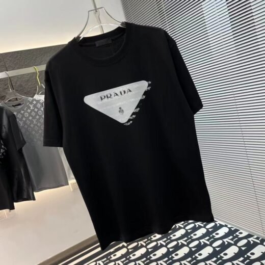 Prada T-SHIRT À RAYURES AVEC GRAND LOGO - NOIR