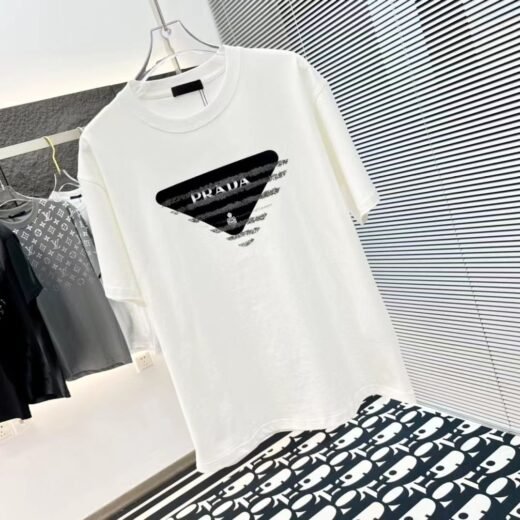 Prada T-SHIRT À RAYURES AVEC GRAND LOGO - BLANC