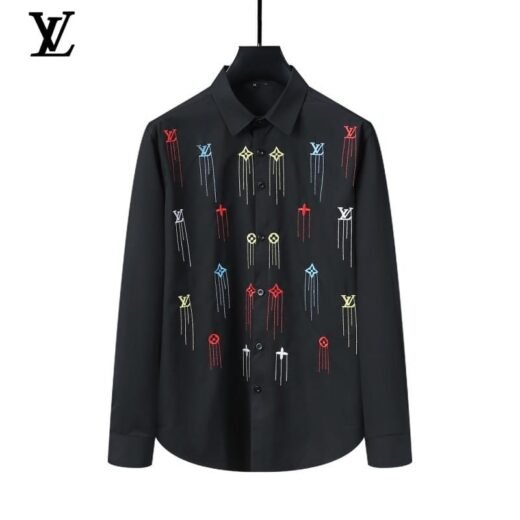 Louis Vuitton Chemise col V, logo brodé, motif imprimé / NOIR