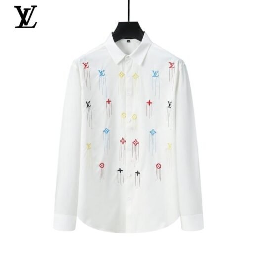 Louis Vuitton Chemise col V, logo brodé, motif imprimé / BLANC