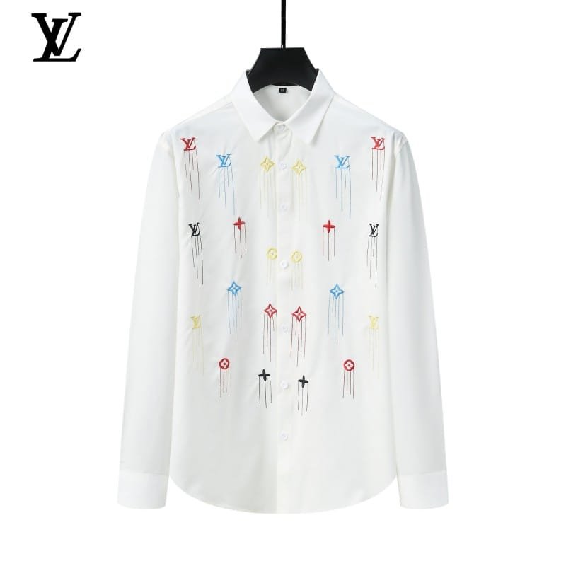 LOUIS VUITTON || Chemise col V, logo brodé, motif imprimé / BLANC