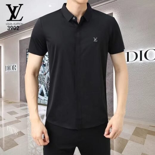 Louis Vuitton Chemise habillée à manches mi-longues noire et marron unie - Pareto