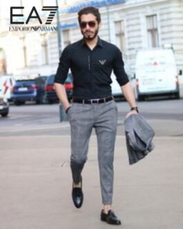 EMP*RIO ARM*NI || Chemise homme coupe slim en satin noir/blanc avec logo réfléchissant