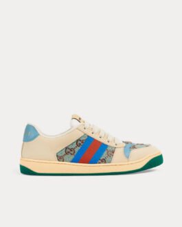 Baskets basses Gucci Screener avec cristaux et logo GG beige/bleu/vert