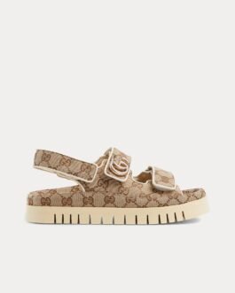 Sandales Gucci Double G en toile GG beige/marron foncé