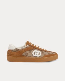 Baskets basses Gucci en daim et toile GG marron avec motif G entrelacé