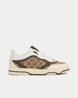 Baskets basses Gucci Re-Web en cuir et toile GG originales blanches, beiges et ébène