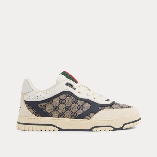 Gucci Baskets basses Re-Web en cuir et toile GG originales blanches/beiges/marron foncé – 35