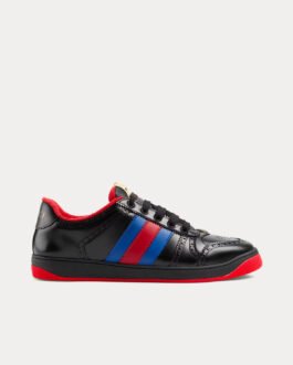 Baskets basses noires en cuir Gucci Screener bleu et rouge avec bande Web