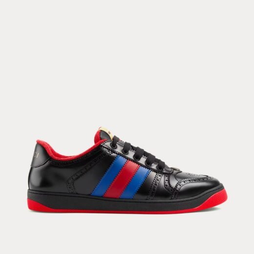 Gucci Baskets basses noires en cuir Screener bleu et rouge avec bande Web – 35