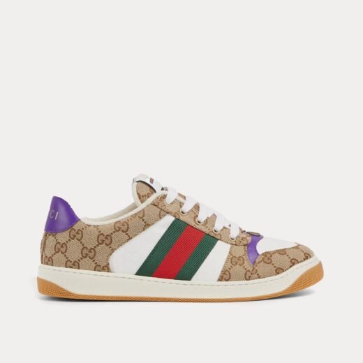 Gucci Baskets basses Screener en toile GG et toile Web beige/marron foncé/violet – 35