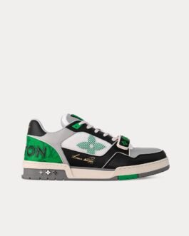 Baskets basses LV Trainer en cuir de veau grainé avec toile monogrammée noir/vert/gris/blanc