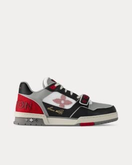 Baskets basses LV Trainer en cuir de veau grainé avec toile monogrammée noir/rouge/gris/blanc