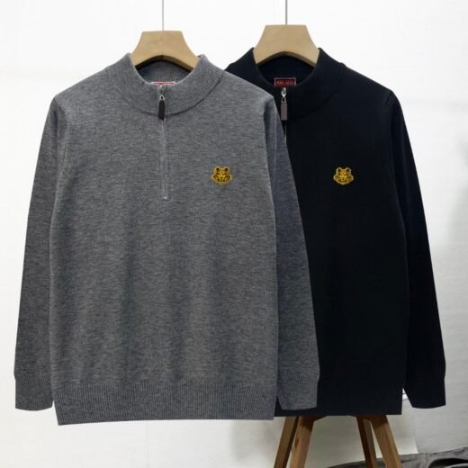 Kenzo Pull Demi-Zip Tigre Brodé – Col Montant Laine Mélangée