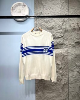 Pull Gucci blanc crème – Sweat en maille bandes bleues logo GG