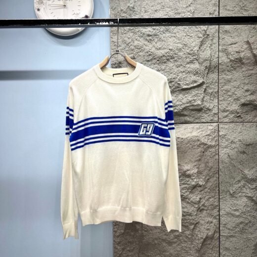 Gucci Pull blanc crème – Sweat en maille bandes bleues logo GG