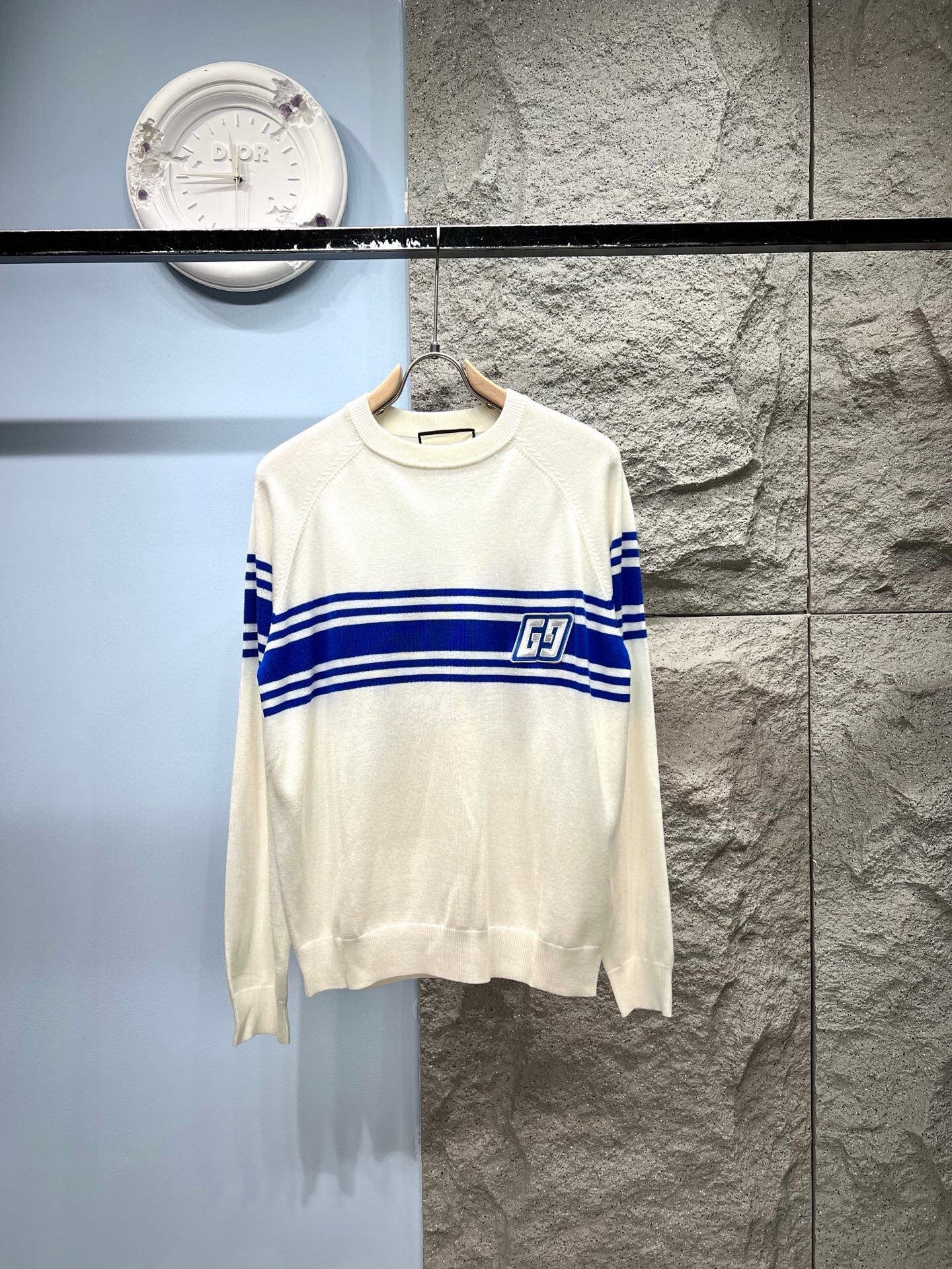Gucci Pull blanc crème – Sweat en maille bandes bleues logo GG