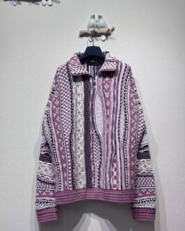 Pull zippé Louis Vuitton multicolore en maille jacquard – Motifs géométriques rose et violet