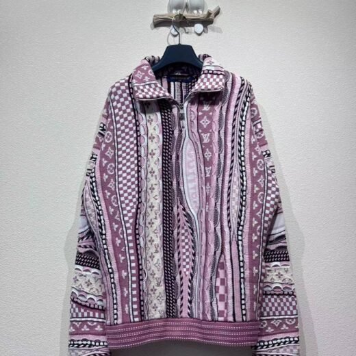 Louis Vuitton Pull zippé multicolore en maille jacquard – Motifs géométriques rose et violet