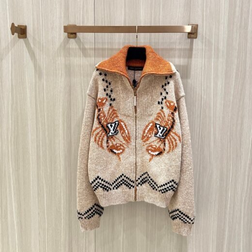 Louis Vuitton Pull zippé en maille beige et orange – Motifs graphiques et col montant