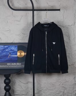 Gilet à capuche zippé noir logo triangulaire – Prada