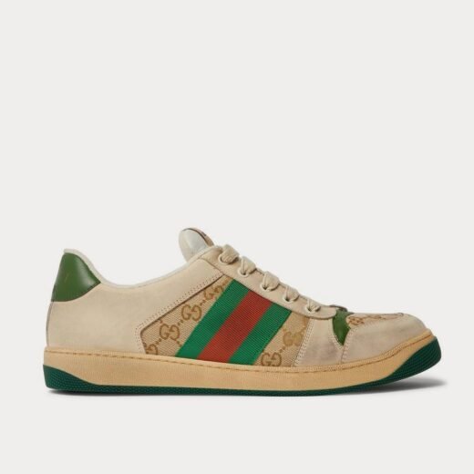 Gucci Baskets basses marron en toile monogrammée et cuir vieilli à finitions en sangle Screener – 35
