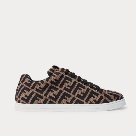 Fendi Baskets basses marron en maille jacquard avec logo et finitions en cuir – 35