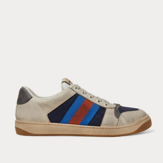 Gucci Baskets basses bleu marine Screener en cuir vieilli et toile à bordures en toile – 35