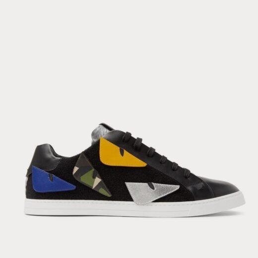 Fendi Baskets basses noires en cuir à finitions en feutre et appliqués – 35