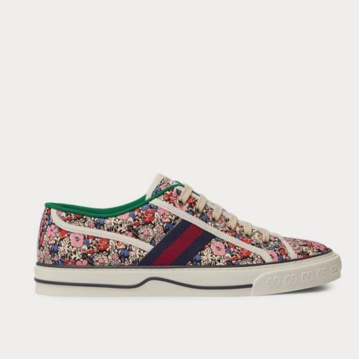 Gucci Baskets basses roses x Liberty Tennis 1977 en cuir et toile imprimée avec bordures en sangle – 35