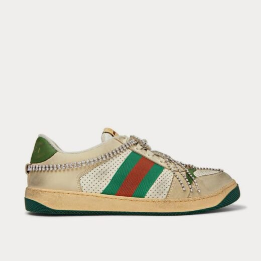 Gucci Baskets basses blanches Virtus en cuir vieilli orné de cristaux et de sangles – 35