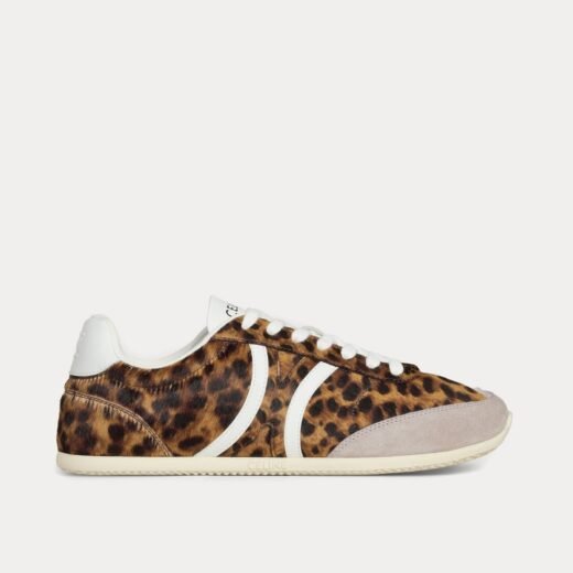 Celine Baskets basses Jogger en cuir de veau poilu imprimé léopard marron/beige/gris/blanc optique – 35