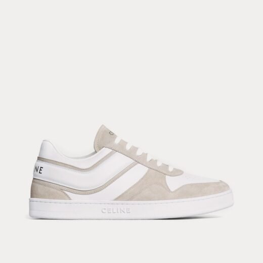Celine Baskets basses à lacets en daim et cuir de veau beige clair / blanc optique – 35
