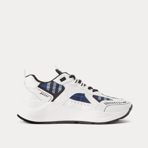 Burberry Baskets basses en cuir à imprimé logo et carreaux blanc/noir/bleu – Blanc / 35