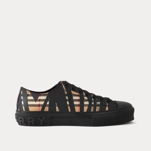 Burberry Baskets basses en coton à carreaux tranchés beiges et noires – Noir / 35