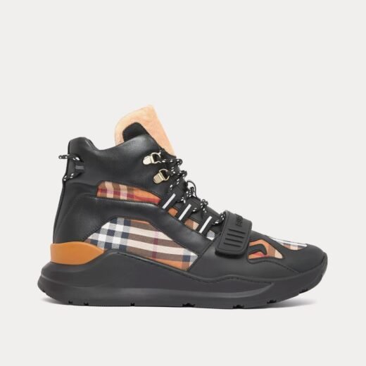 Burberry Baskets montantes en coton et cuir à carreaux marron bouleau – Brun / 35