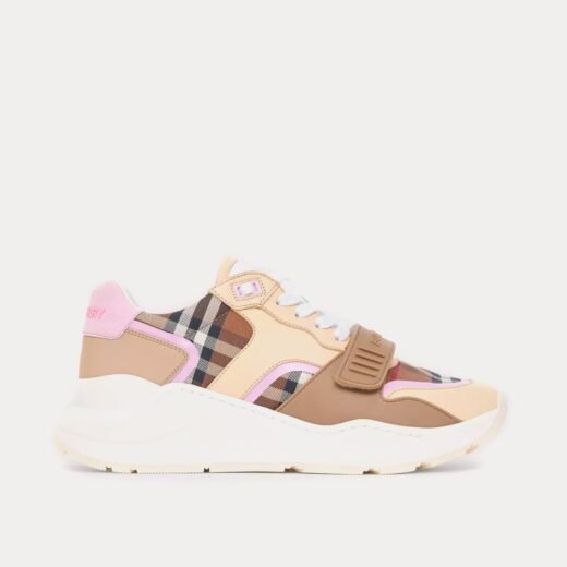 Burberry Baskets basses en coton et cuir à carreaux marron bouleau/rose – Rose / 35