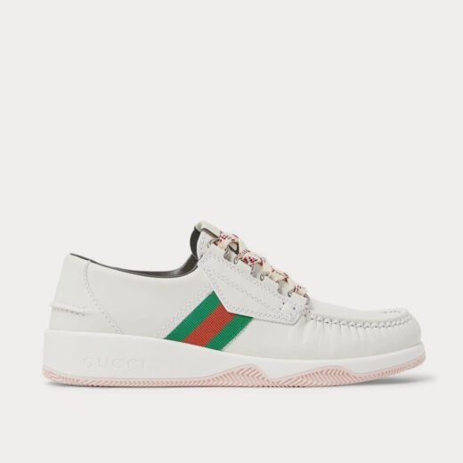 Gucci Baskets basses blanches en cuir à rayures et bordures en toile – 35
