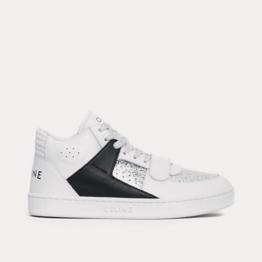 Celine Baskets mi-hautes CT-02 en cuir de veau scratch et vernis pailleté blanc optique / noir – 35