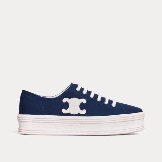 Celine Baskets basses Jane à lacets et plateforme avec patch Triumph en toile et cuir de veau bleu marine – 35