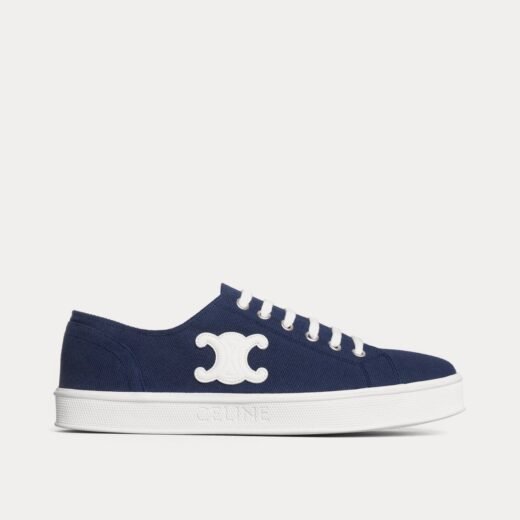 Celine Baskets basses Jane à lacets avec patch Triumph en toile et cuir de veau bleu marine – 35