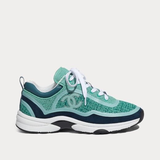 Chanel Baskets basses en tweed et cuir de veau velours vert et turquoise – 35
