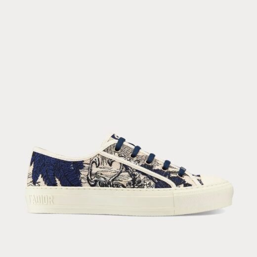 Baskets basses Dior Walk'n'Dior en coton brodé toile de Jouy bleu et blanc cassé – 35
